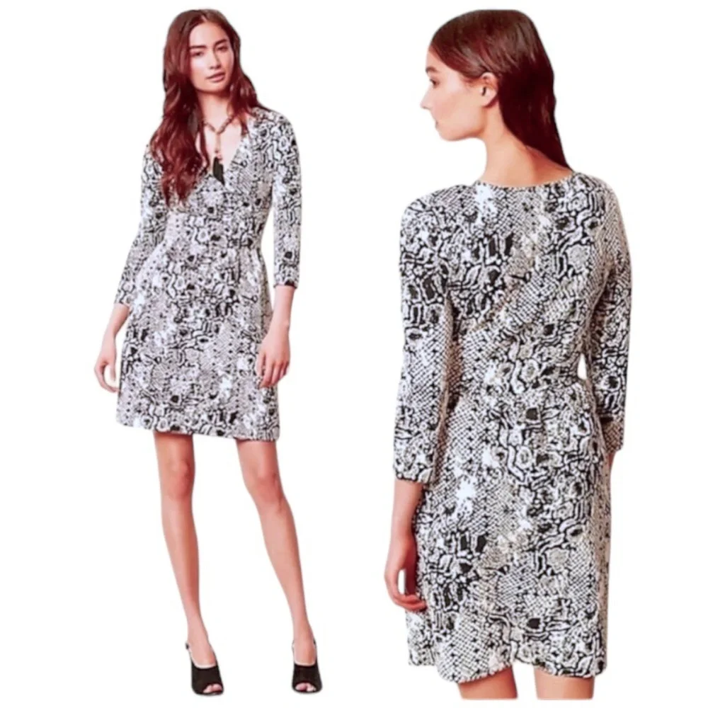 $148 Anthropologie Snake Print Dress Medium 6 8 Black White Wrap HD in Paris NWT